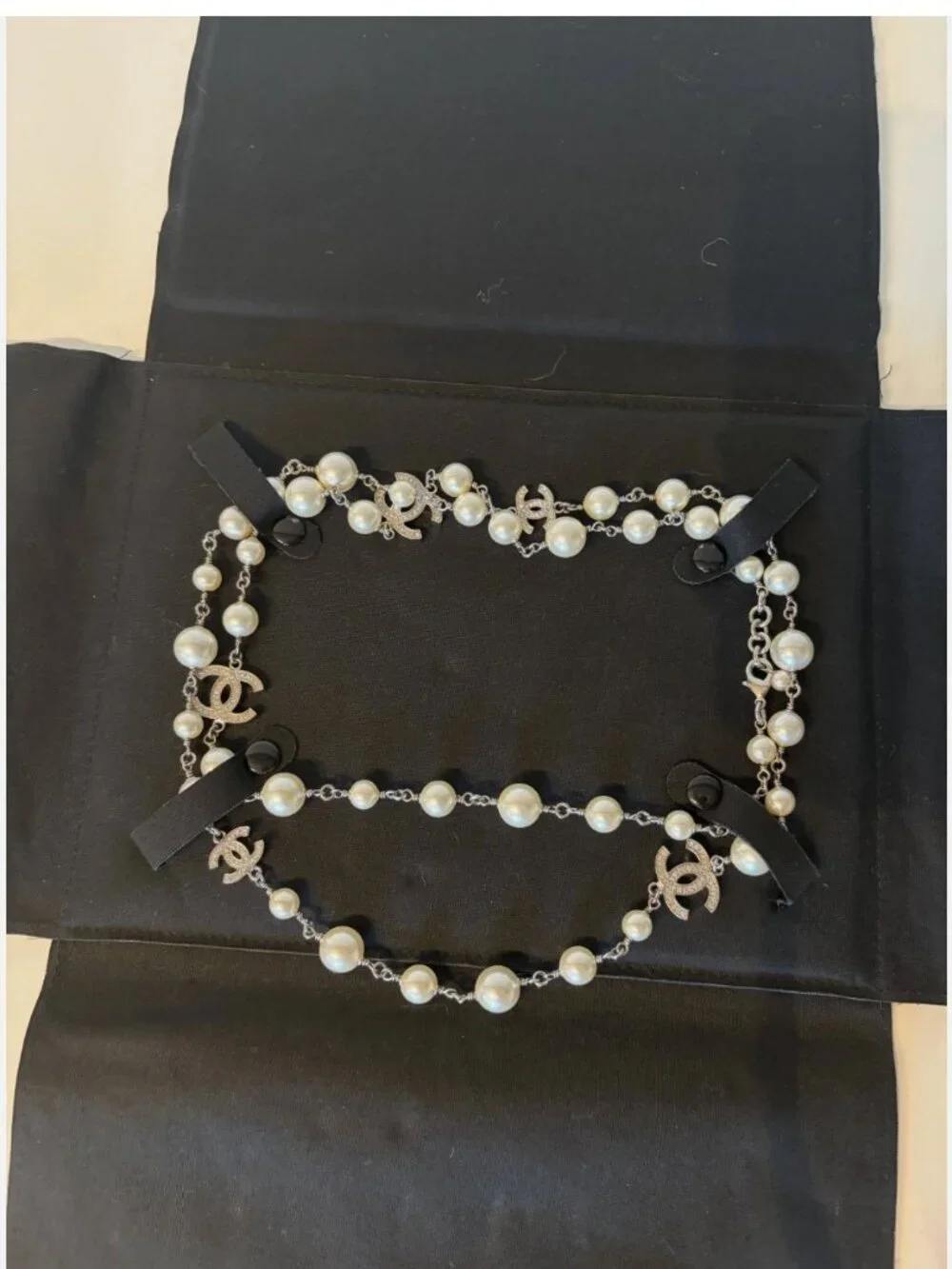 Authentic Chanel Pearl Crystal CC Logo Long Neckalce Ruthenium w Receipt T triba